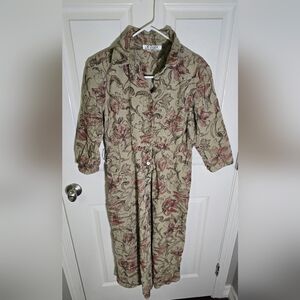 Clues Collection Womens Vintage Floral Tan Collared Button Up Dress 4P
